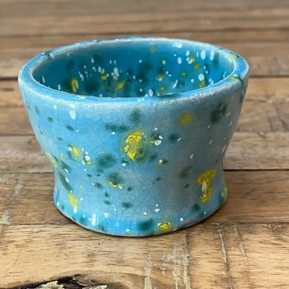 Handmade Clay Pottery Bowl Blue Yellow Speckled Crackle Glaze Artist Signed